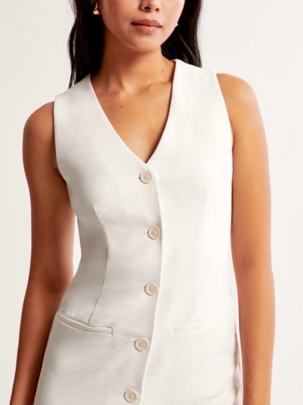 Abercrombie & Fitch Sleeveless V-Neck Button Front Cream Vest Dress